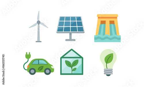 Renewable energy icons featuring wind turbine, solar panel, hydroelectric dam, electric car, greenhouse, and eco lightbulb