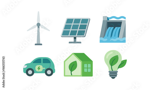 Renewable energy icons featuring wind solar hydro power electric car and green home