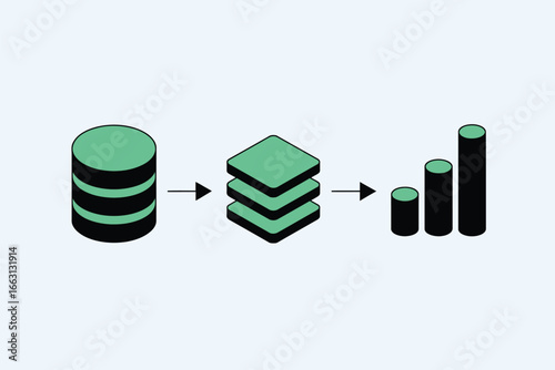 Diagram showing data flow from a cylinder to stacked squares to a bar graph on a light background