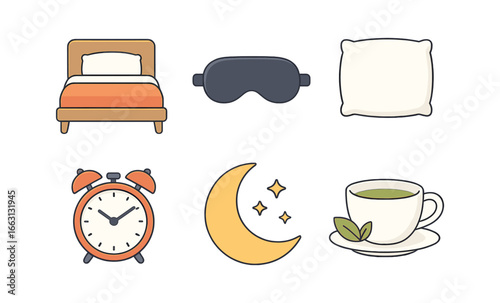 Cozy bedtime icons set: pillow, alarm clock, sleep mask, tea, moon symbols