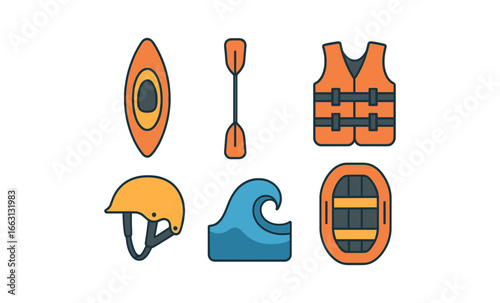 Outline icon set of kayaking equipment: boat, paddle, life vest, helmet, wave, raft