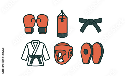 Simple martial arts equipment icons featuring gloves and punching bag