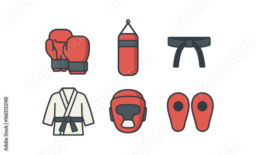 Martial arts equipment icons: boxing gloves, punching bag, belt, gi, helmet, focus mitts