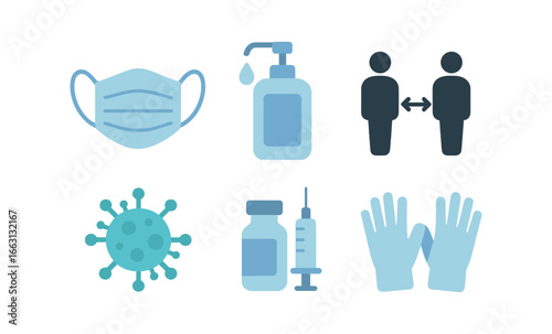 Glowing pandemic safety icons: mask, sanitizer, distance, virus, vaccine, gloves