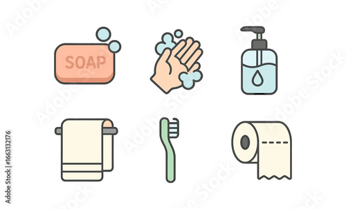Hygiene icons: soap, handwashing, sanitizer, towel, toothbrush, tissue