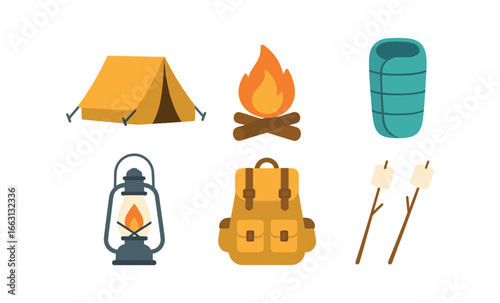 Camping essentials with glowing neon effect: tent, campfire, backpack, lantern, sleeping bag, marshmallows