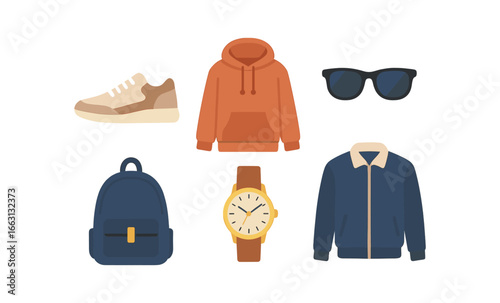 Trendy fashion essentials featuring hoodie, jacket, sneakers, watch, backpack, and sunglasses