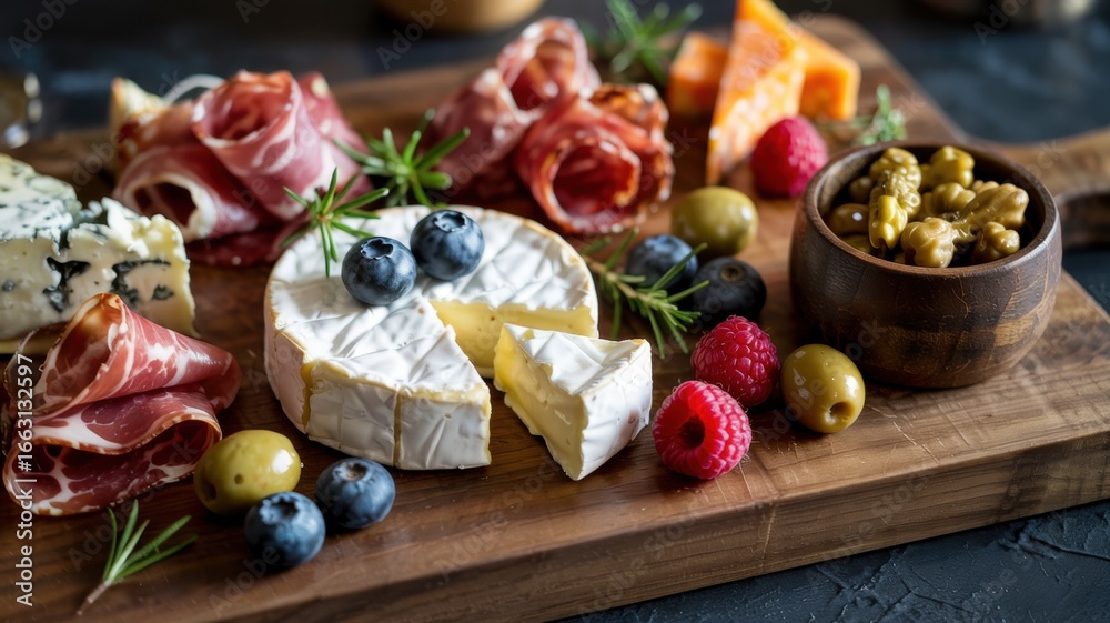 custom made wallpaper toronto digitalFood photography. On the board: Brie cheese, sliced prosciutto, sliced salami, pieces of cheddar cheese, white cheese, blueberries, raspberries, green olives and rosemary sprigs.