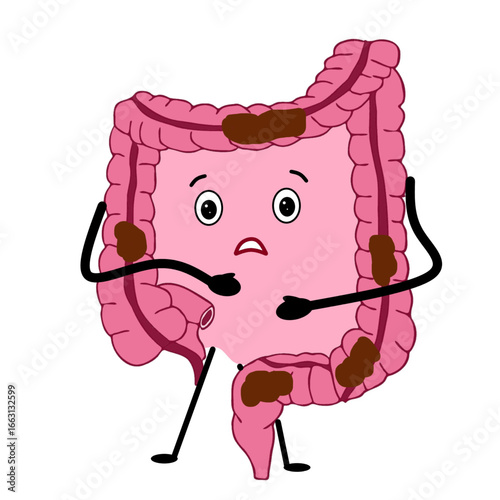 large intestine character expresseion with hands on center with constipated stool constipation disease medical illustration.eps