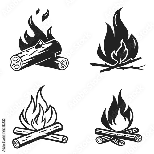 Campfire illustrations with logs and flames wood