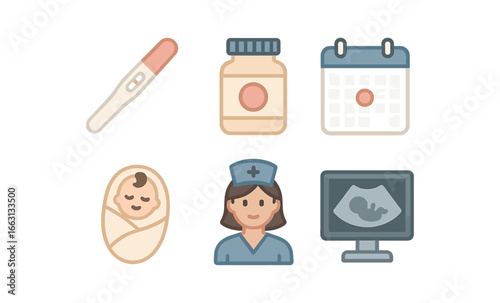 Neon style neonatal and pregnancy icons with nurse and baby elements