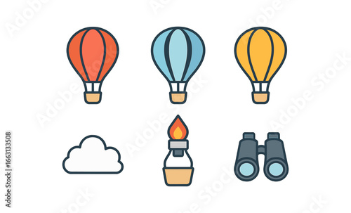 Colorful hot air balloon icons with travel elements in modern linear style