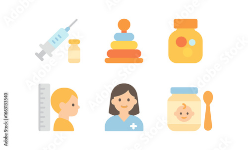 Neon glow baby care icons featuring toys, vaccination, and nutrition essentials