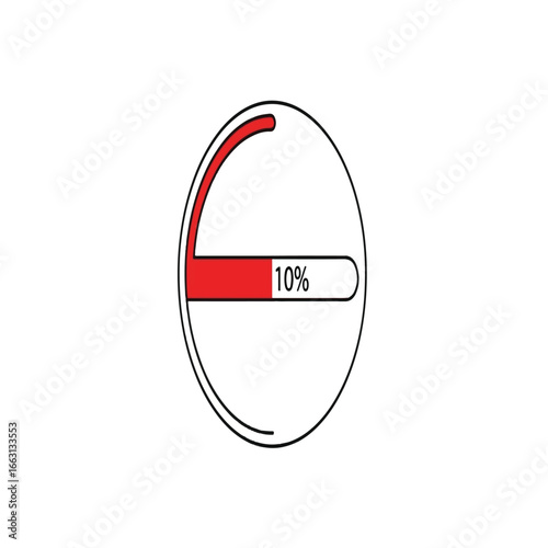 Oval progress indicator with 10 percent completion in red and white.