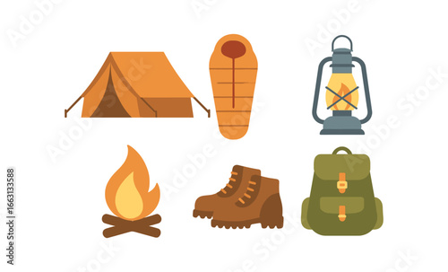 Glowing camping gear: tent, sleeping bag, lantern, and campfire essentials