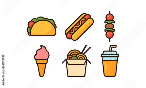 Colorful food icons featuring taco, hot dog, kebab, ice cream, noodles, and drink