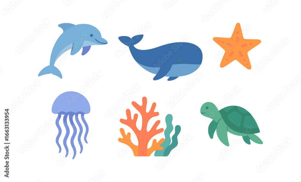 Fototapeta premium Glowing neon sea life: whale, dolphin, turtle, jellyfish, coral, and starfish design