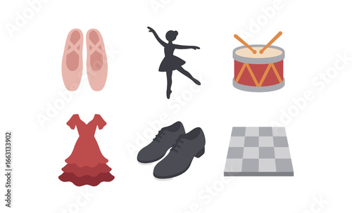 Ballet and dance elements with shoes, drum, and checkerboard pattern
