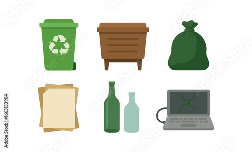 Waste management icons: recycling bin, compost, garbage bag, paper, bottles, e waste