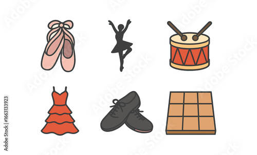 Dance icons: ballet, tap, flamenco elements in flat style with silhouette