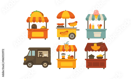 Colorful food stalls and trucks with different cuisines in flat design