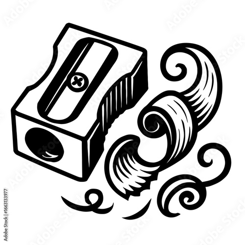 Vintage Pencil Sharpener and Decorative Shavings Vector Graphic