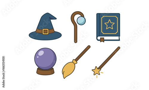 Magical elements: wizard hat, wand, crystal ball, and spellbook in flat design