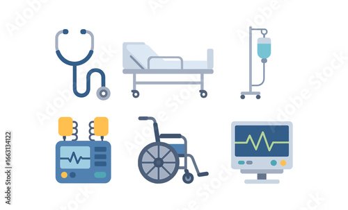 Medical equipment icons in modern foggy style for healthcare and hospital themes