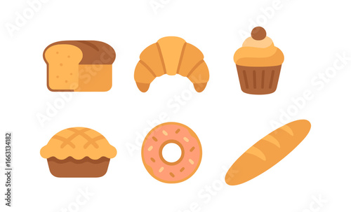 Glowing bakery icons: bread, croissant, cupcake, pie, doughnut, baguette