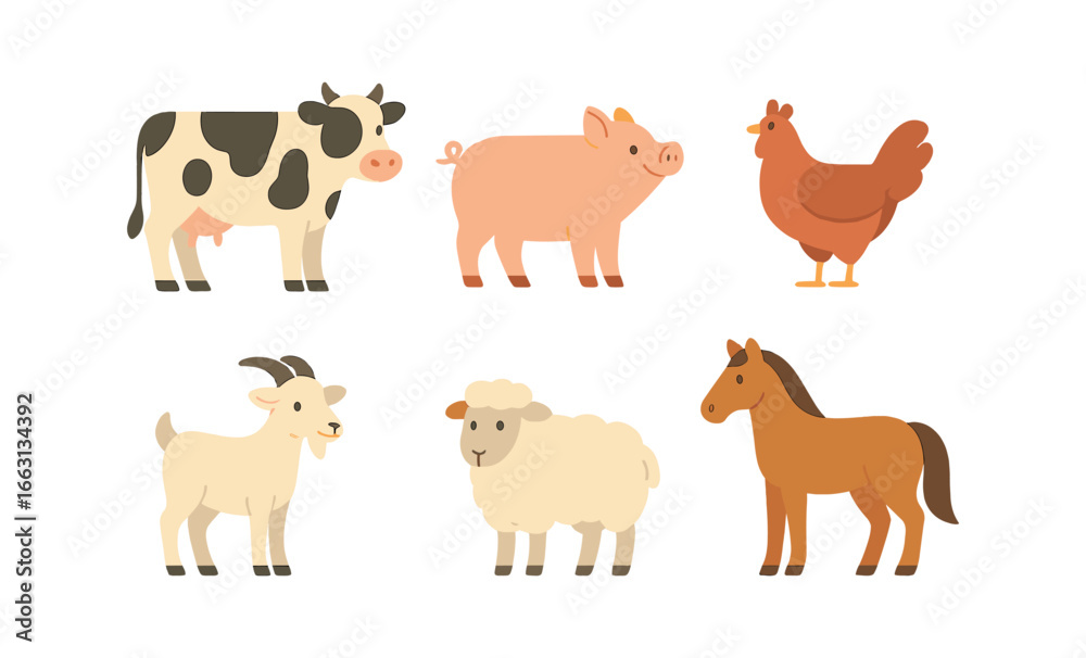 Fototapeta premium Glowing farm animals on dark gradient background: modern flat design