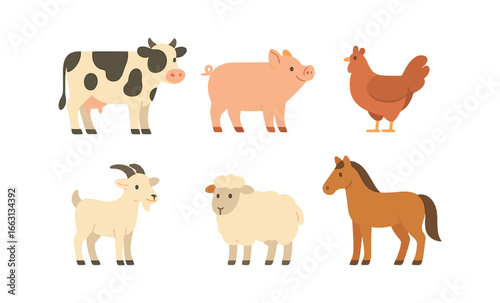 Glowing farm animals on dark gradient background: modern flat design