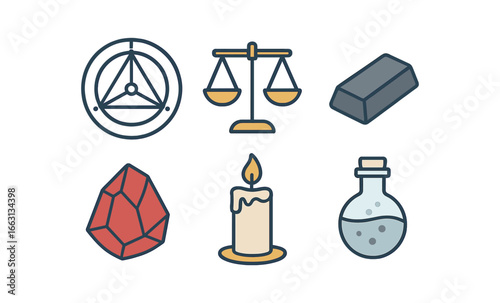 Alchemy symbols: candle, scales, ruby, ancient tools in flat design