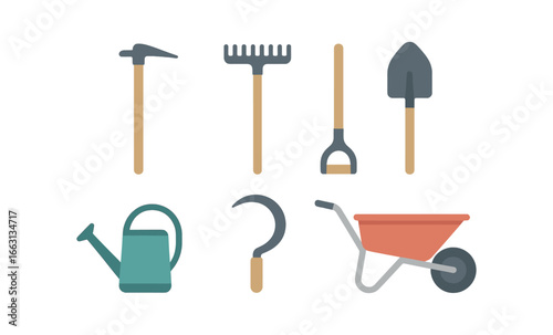 Glowing garden tools on dark background featuring rake, shovel, and watering can in neon outline style