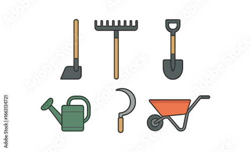 Stylish garden tools icon set: shovel, rake, wheelbarrow, watering can