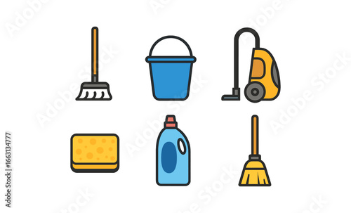 Colorful cleaning tools icons for home maintenance