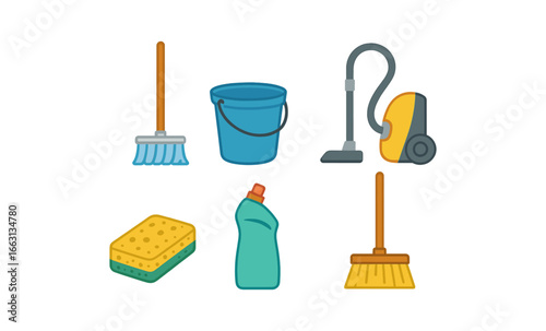Colorful household cleaning tools with modern glow effect