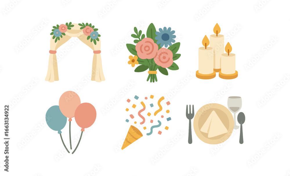 Fototapeta premium Wedding celebration icons set featuring floral arch and festive elements in soft glow style