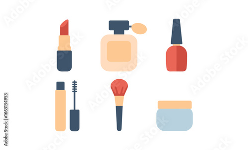 Glowing beauty essentials: modern flat design of makeup and perfume