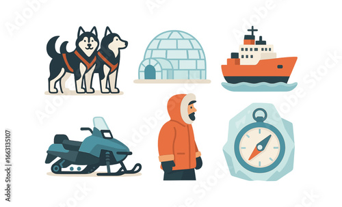 Arctic exploration icons featuring huskies, igloo, icebreaker, snowmobile, explorer, and compass