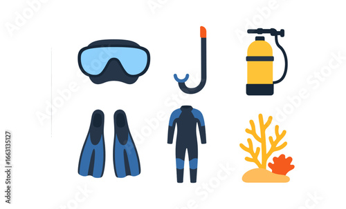 Glowing scuba diving gear icons in modern flat design