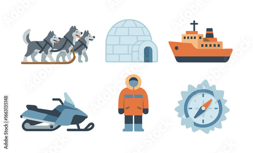Arctic adventure icons: sled dogs, igloo, icebreaker, snowmobile, explorer, compass
