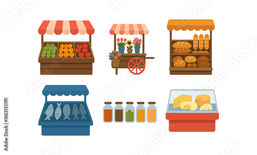 Vibrant market stalls with fresh produce, flowers, bread, fish, spices, and cheese in blurred background