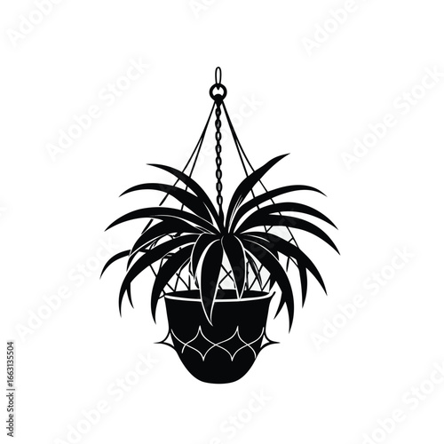 Vector illustration of a spider plant in an orange pot, held by a macrame plant hanger, on a white background.