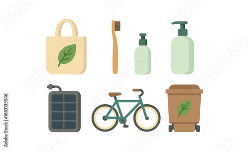 Eco-friendly lifestyle icons featuring sustainable products and green energy concepts