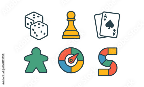 Colorful board game elements with cards, dice, and chess pawn