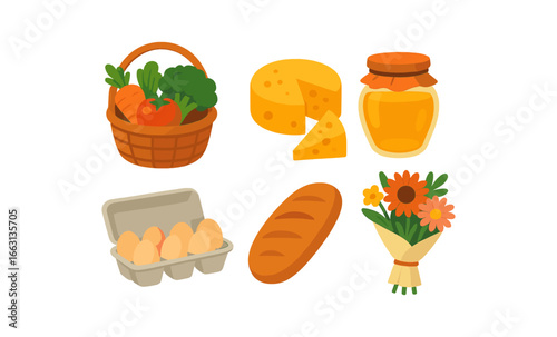 Charming market essentials featuring fresh produce and gourmets in gradient style