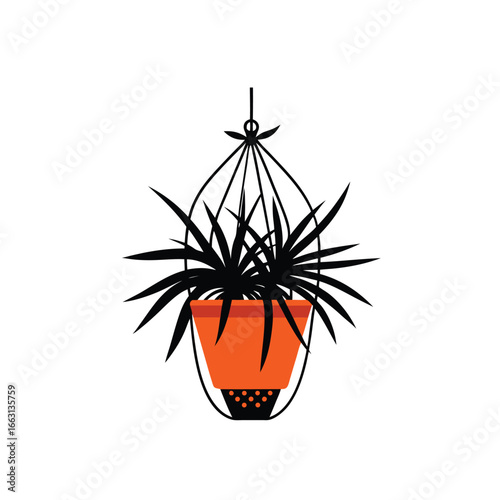 Vector illustration of a spider plant in an orange pot, held by a macrame plant hanger, on a white background.