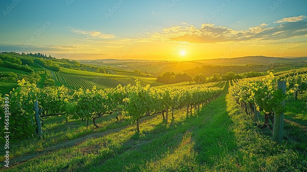 Obraz premium Sunset over vineyard hills