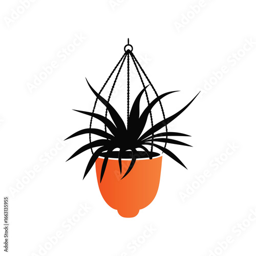 Silhouette of a spider plant in an orange pot, held by a macrame plant hanger, on a white background.