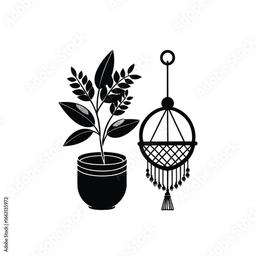 Vector illustration of a macrame planter with a flowering plant, on a white background.